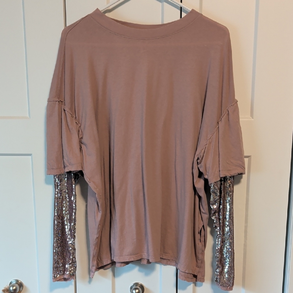 Free People Mauve Tee with Silver Sequin Sleeves